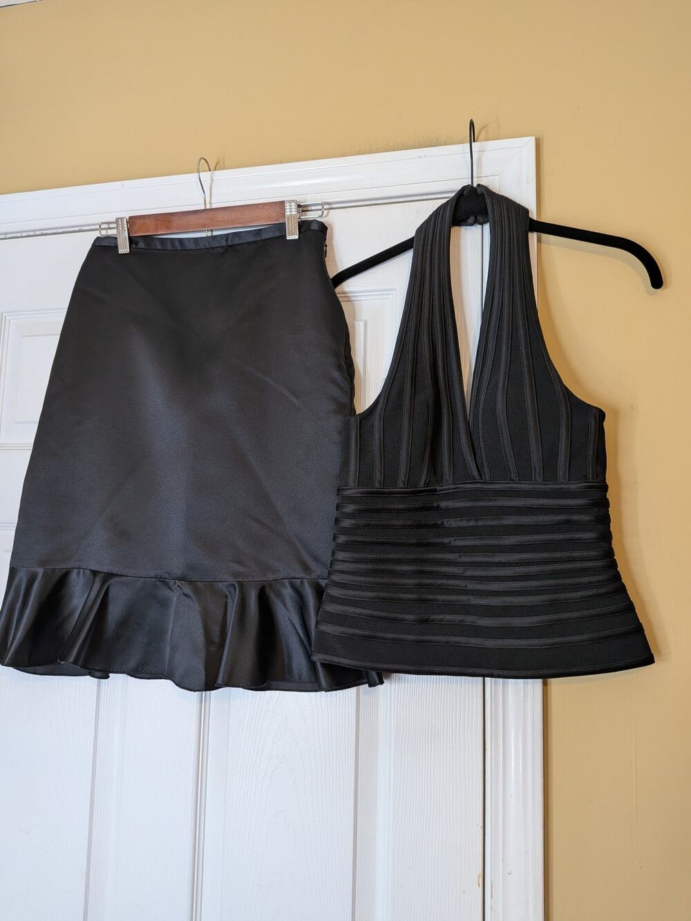 JS Collection Y2K Black Satin 2 Piece Halter Top Mini Skirt Set Size Small Chic